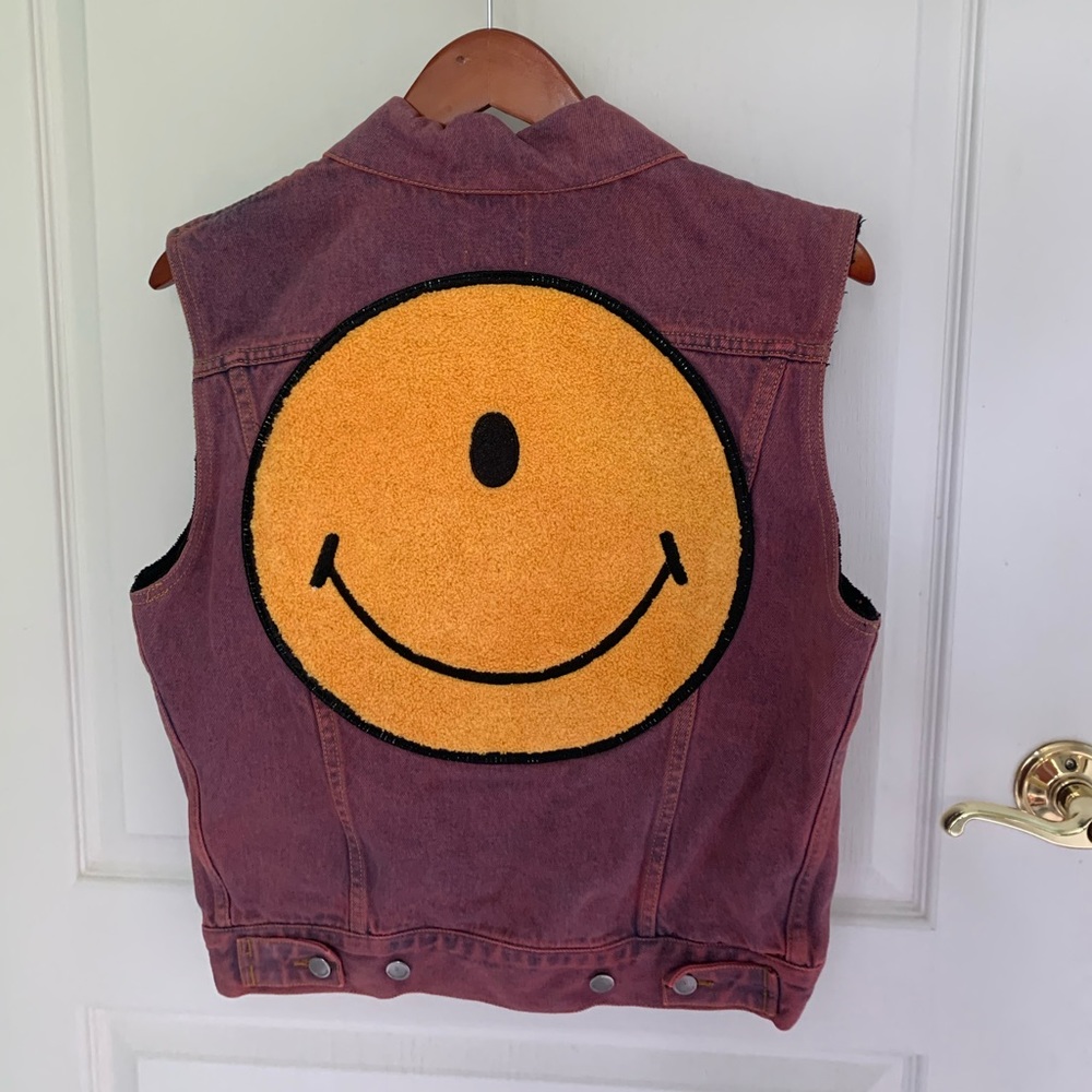 Smiley Face One Eyed Letterman Pink Stone Wash Jean Vest